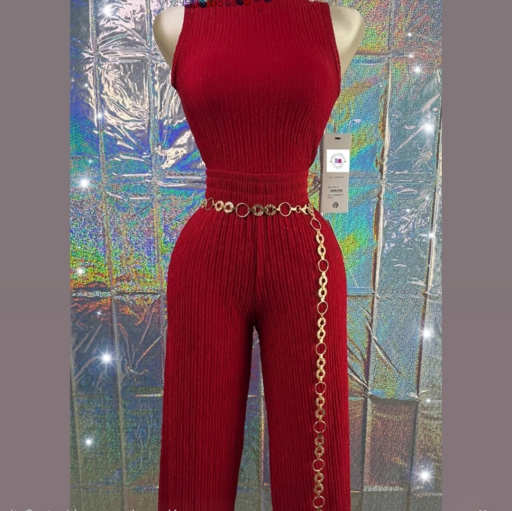 Love Poem Red 2 Piece Set Ribbed Sleeveless Top & Wide Leg Pants Elegant Outfit